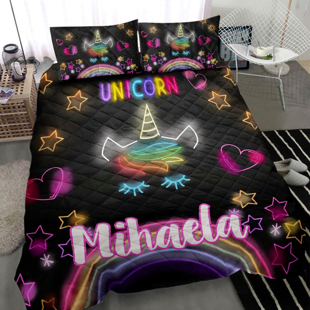 Personalized Unicorn Quilt Bedding Set, Unicorn Rainbow Star Heart Neon Quilt Blanket With Pillowcases, Custom Name Duvet Cover Set