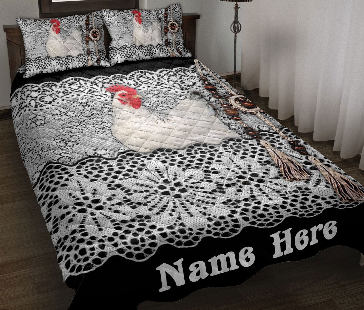 Personalized Chicken Quilt Bedding Set, Chicken Farm Black & White Amigurumi Quilt Blanket With Pillowcases, Custom Name Duvet Cover Set