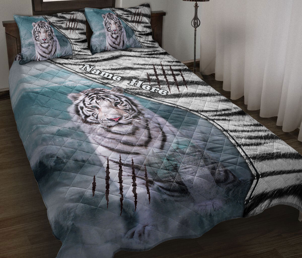 Personalized Tiger Quilt Bedding Set, White Tiger Tiger Quilt Blanket With Pillowcases, Custom Name Duvet Cover Set