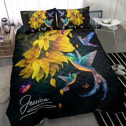 Personalized Hummingbird Quilt Bedding Set, Hummingbird Sunflower Black Quilt Blanket With Pillowcases, Custom Name Duvet Cover Set