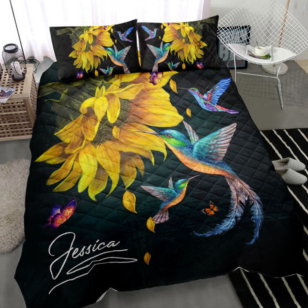Personalized Hummingbird Quilt Bedding Set, Hummingbird Sunflower Black Quilt Blanket With Pillowcases, Custom Name Duvet Cover Set