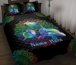 Personalized Dolphin Quilt Bedding Set, Dolphin Mandala Floral Ocean Love Quilt Blanket With Pillowcases, Custom Name Duvet Cover Set