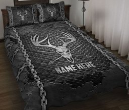 Personalized Hunting Quilt Bedding Set, Hunting Hunter Deer Iron Chains Quilt Blanket With Pillowcases, Custom Name Duvet Cover Set