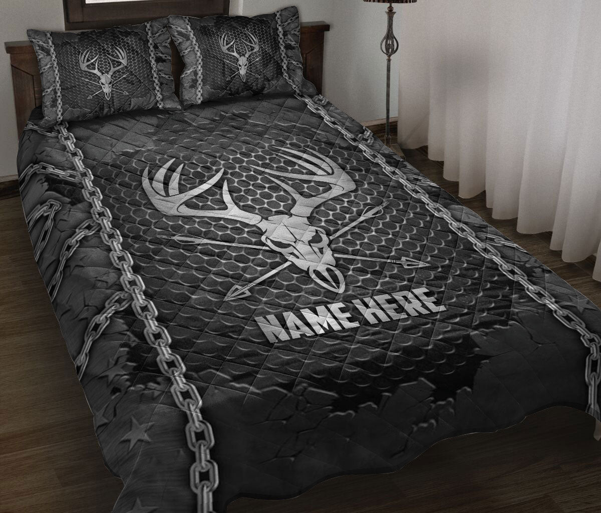 Personalized Hunting Quilt Bedding Set, Hunting Hunter Deer Iron Chains Quilt Blanket With Pillowcases, Custom Name Duvet Cover Set
