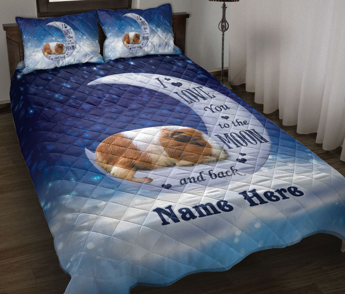 Personalized Guinea Pig Quilt Bedding Set, Guinea Pig I Love You To The Moon & Back Quilt Blanket With Pillowcases, Custom Name Duvet Cover Set