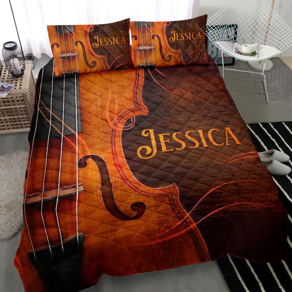 Personalized Cello Quilt Bedding Set, Cello Cellist MusicTheme Quilt Blanket With Pillowcases, Custom Name Duvet Cover Set
