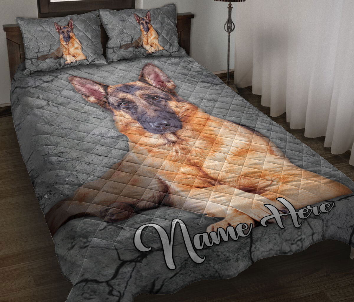 Personalized German Shepherd Quilt Bedding Set, German Shepherd Dog Crack Gray Sliver Quilt Blanket With Pillowcases, Duvet Cover Set