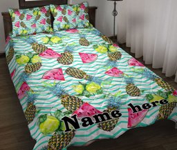Personalized Watermelon Quilt Bedding Set, Watermelon Slice Lemon Pineapples Tropical Seamless Quilt Blanket With Pillowcases, Duvet Cover Set