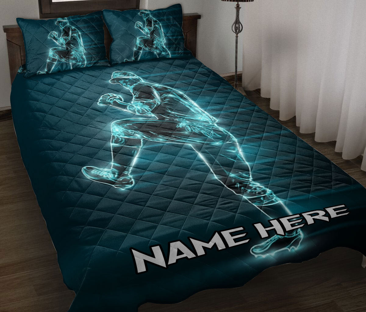 Personalized Baseball Quilt Bedding Set, Baseball Pitcher Blue Light Quilt Blanket With Pillowcases, Custom Name Duvet Cover Set, Sports Gifts