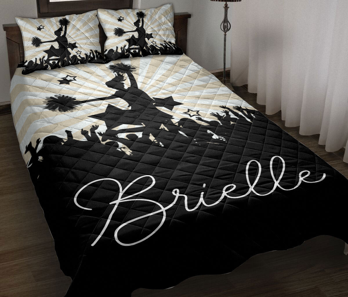 Personalized Cheerleading Quilt Bedding Set, Cheerleading Cheerleader Sunburst Quilt Blanket With Pillowcases, Custom Name Duvet Cover Set