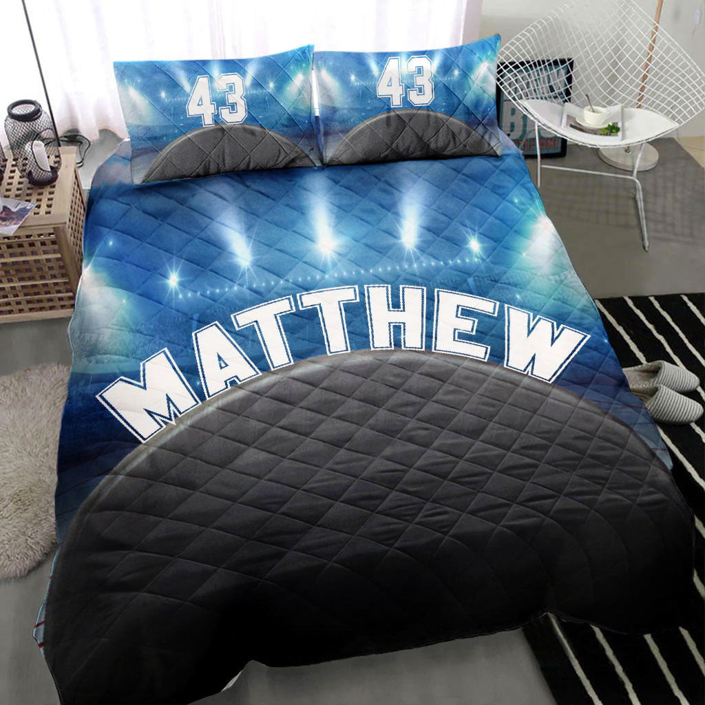 Personalized Hockey Quilt Bedding Set, Hockey Puck Stadium Black Blue Quilt Blanket With Pillowcases, Custom Name Duvet Cover Set