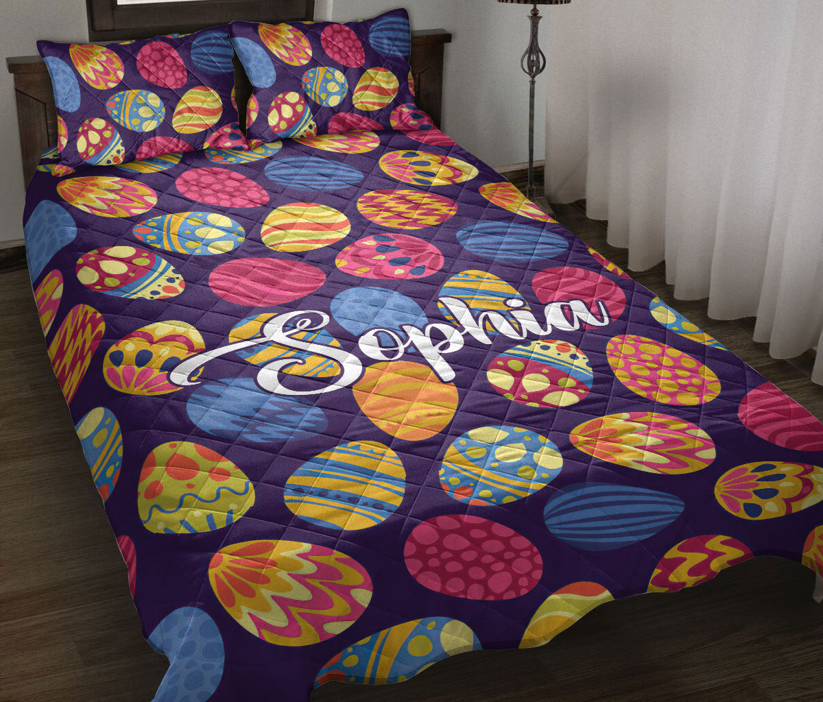 Personalized Easter Quilt Bedding Set, Sugar Egg Colorful Holiday Quilt Blanket With Pillowcases, Custom Name Duvet Cover Set