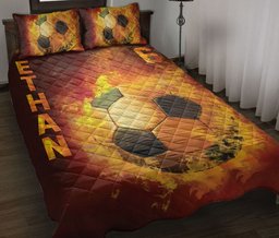 Personalized Soccer Quilt Bedding Set, Soccer Ball Fire Printeds Quilt Blanket With Pillowcases, Custom Name Duvet Cover Set