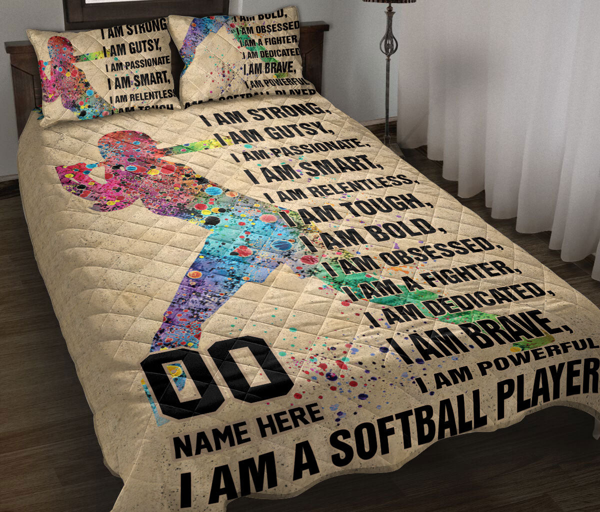 Personalized Softball Quilt Bedding Set, I Am Strong I Am A Softball Player Pitcher Quilt Blanket With Pillowcases, Duvet Cover Set
