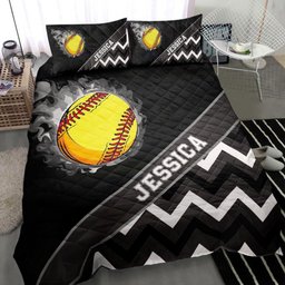 Personalized Softball Quilt Bedding Set, Softball Ball Smoke Zig Zag Black Quilt Blanket With Pillowcases, Custom Name Duvet Cover Set
