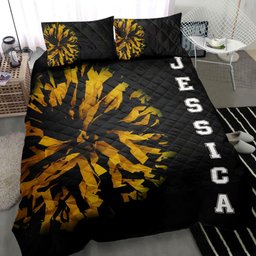 Personalized Cheerleading Quilt Bedding Set, Cheerleading Cheerleader Pom Pom Black Quilt Blanket With Pillowcases, Custom Name Duvet Cover Set