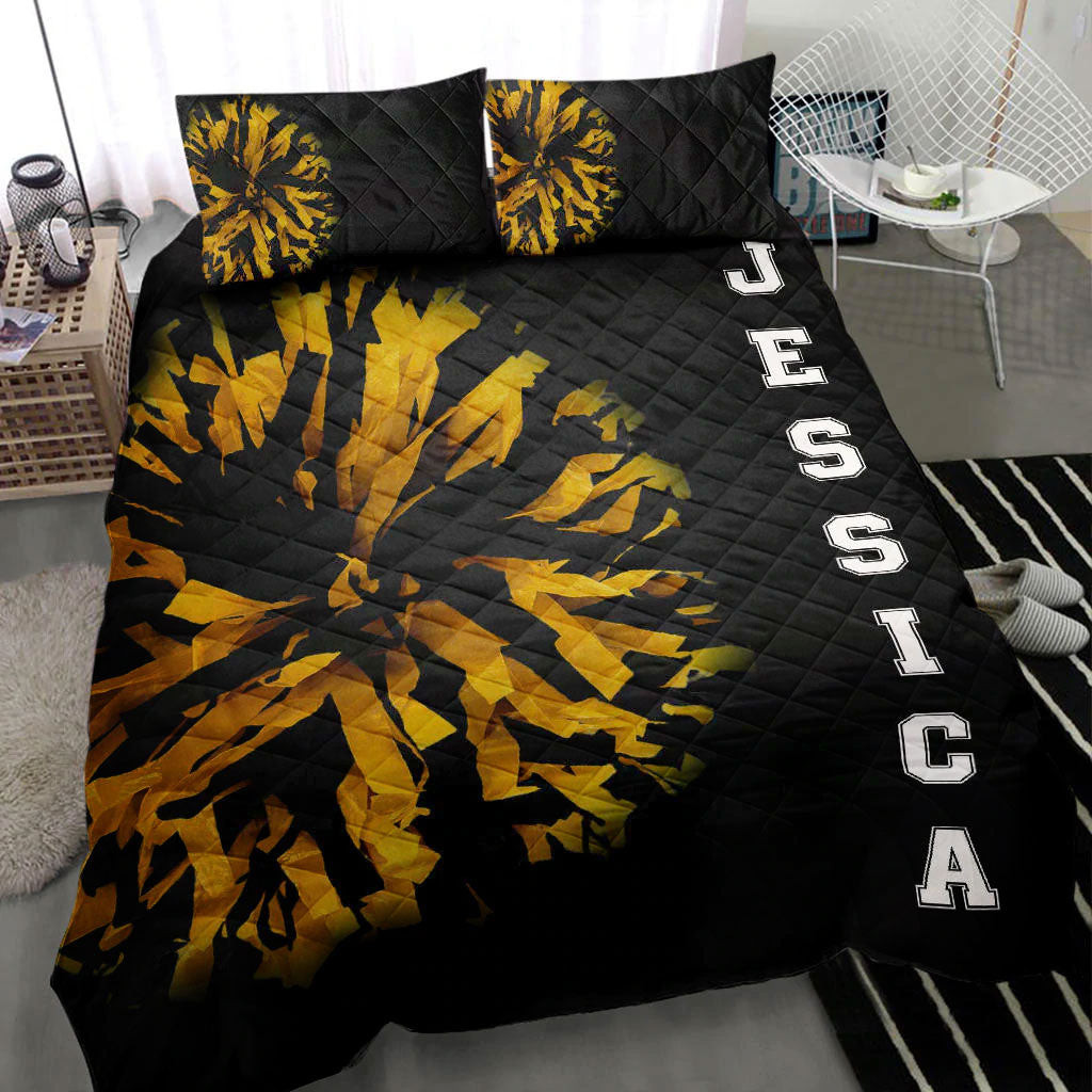 Personalized Cheerleading Quilt Bedding Set, Cheerleading Cheerleader Pom Pom Black Quilt Blanket With Pillowcases, Custom Name Duvet Cover Set