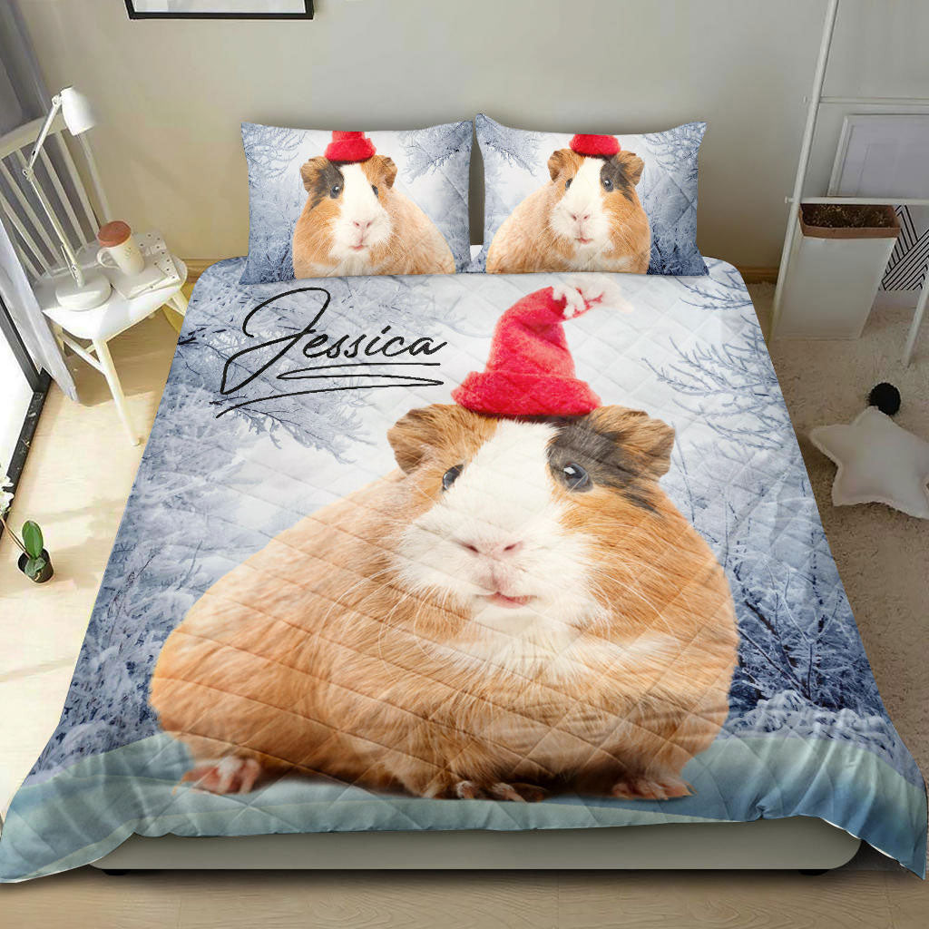 Personalized Guinea Pig Quilt Bedding Set, Hamster Guinea Pig Seasonal Winter Blue Snow Quilt Blanket With Pillowcases, Duvet Cover Set