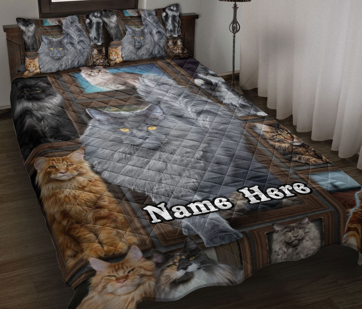 Personalized Maine Coon,Cat Quilt Bedding Set, Maine Coon Cat Kitten Frame Patchwork Floral Quilt Blanket With Pillowcases, Duvet Cover Set
