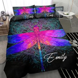 Personalized Dragonfly Quilt Bedding Set, Colorful Dragonfly Wicca Mystery Gothic Black Quilt Blanket With Pillowcases, Duvet Cover Set