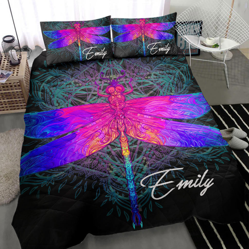 Personalized Dragonfly Quilt Bedding Set, Colorful Dragonfly Wicca Mystery Gothic Black Quilt Blanket With Pillowcases, Duvet Cover Set