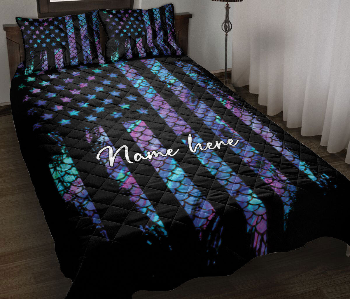 Personalized Mermaid Quilt Bedding Set, Hologram Mermaid Scale US Flag Sea Ocean Quilt Blanket With Pillowcases, Custom Name Duvet Cover Set