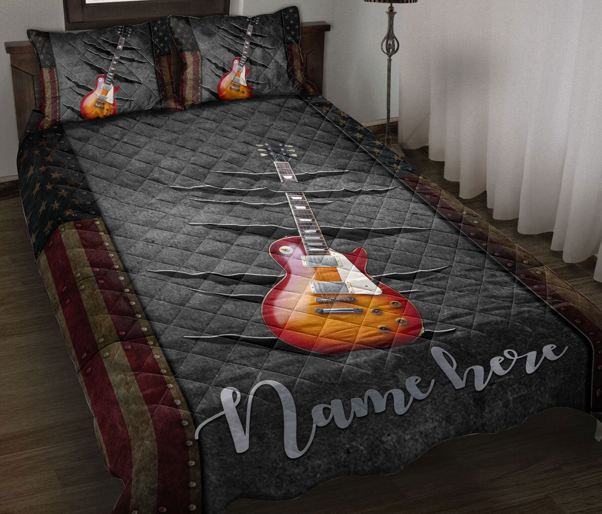 Personalized Guitar Quilt Bedding Set, Sunburst Electric Guitar US Flag Crack Quilt Blanket With Pillowcases, Custom Name Duvet Cover Set