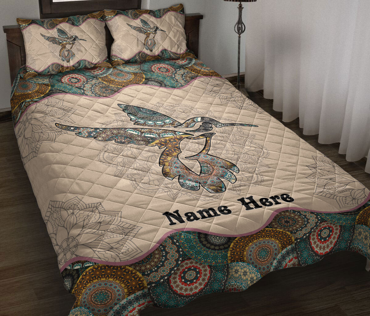 Personalized Hummingbird Quilt Bedding Set, Hummingbird Mandala Floral Quilt Blanket With Pillowcases, Custom Name Duvet Cover Set