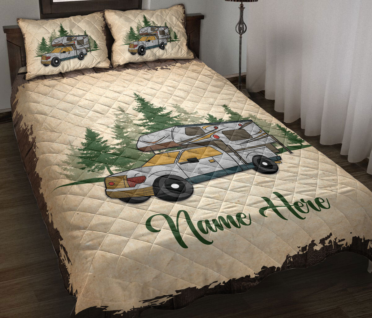 Personalized Trucker Quilt Bedding Set, Camping Camper Camping Truck Rvs Quilt Blanket With Pillowcases, Custom Name Duvet Cover Set
