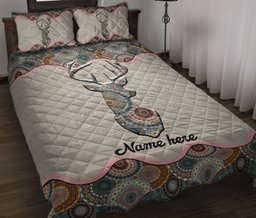 Personalized Deer Quilt Bedding Set, Deer Floral Mandala Quilt Blanket With Pillowcases, Custom Name Duvet Cover Set
