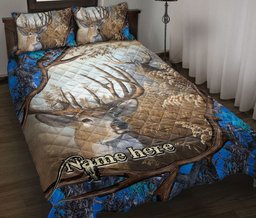 Personalized Hunting Quilt Bedding Set, Hunting Blue Deer Horn Quilt Blanket With Pillowcases, Custom Name Duvet Cover Set