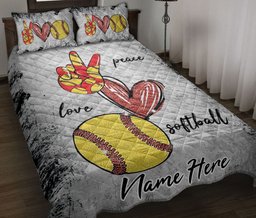 Personalized Softball Quilt Bedding Set, Peace Love Softball Grey Quilt Blanket With Pillowcases, Custom Name Duvet Cover Set