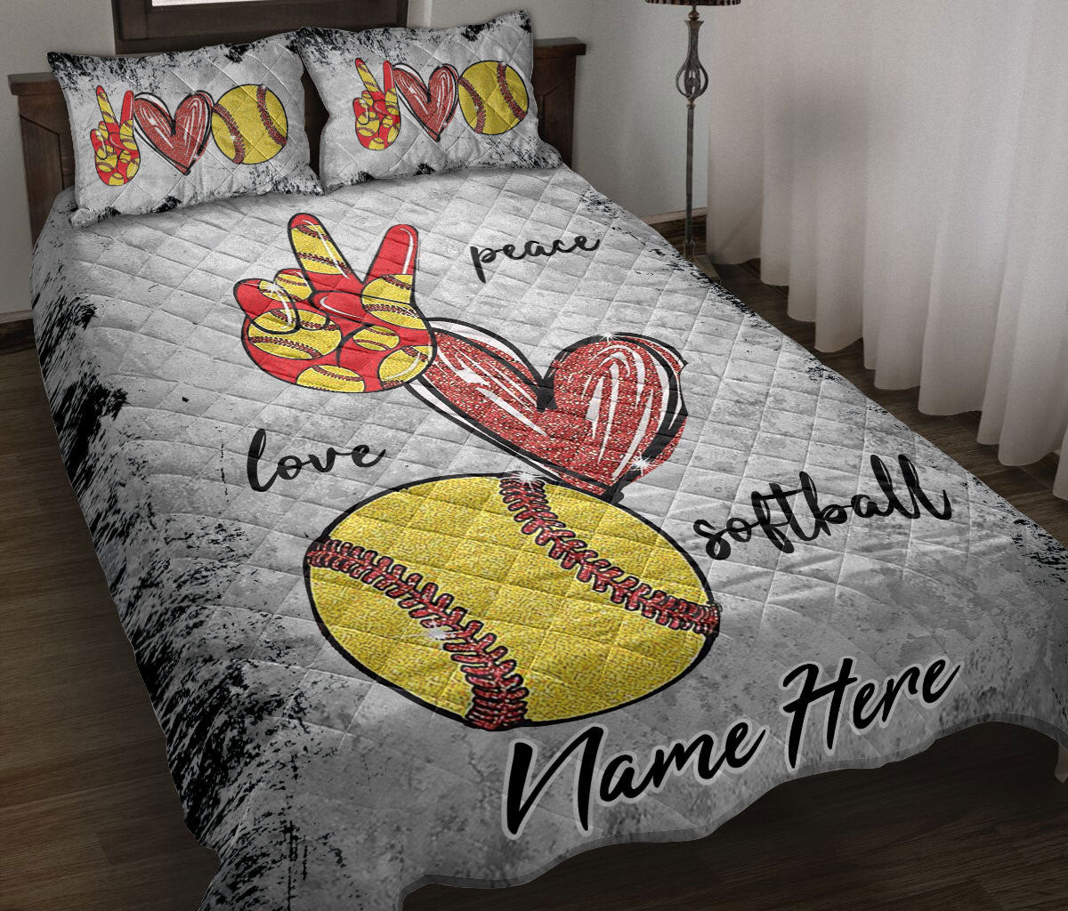 Personalized Softball Quilt Bedding Set, Peace Love Softball Grey Quilt Blanket With Pillowcases, Custom Name Duvet Cover Set