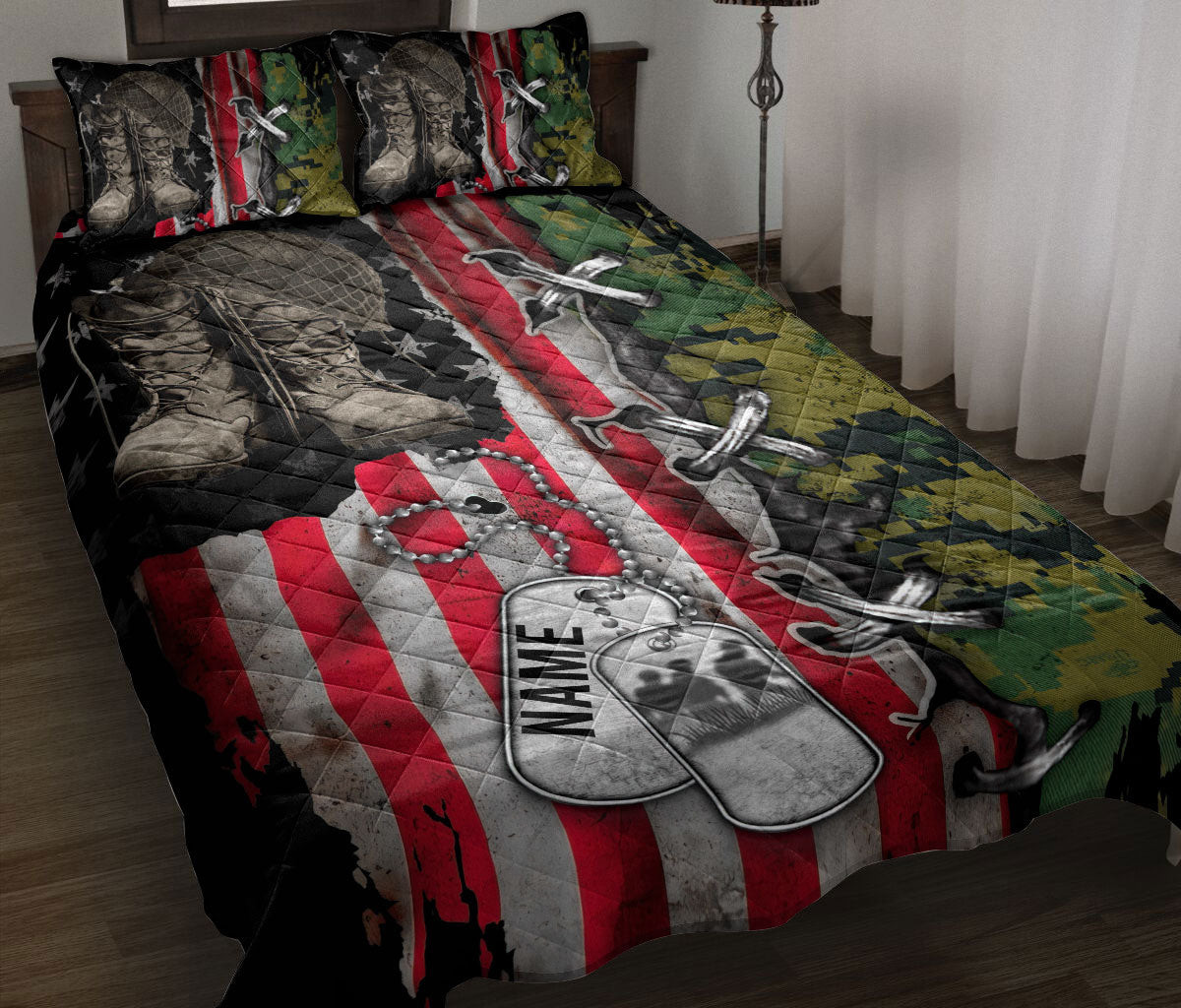 Personalized Veteran Quilt Bedding Set, Veteran Boots Soldier Backpack Boost Army Military Quilt Blanket With Pillowcases, Duvet Cover Set