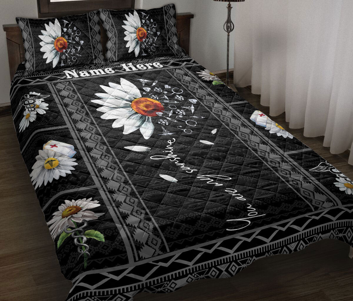 Personalized Nurse Quilt Bedding Set, Nurse You Are My Sunshine Scrub Quilt Blanket With Pillowcases, Custom Name Duvet Cover Set