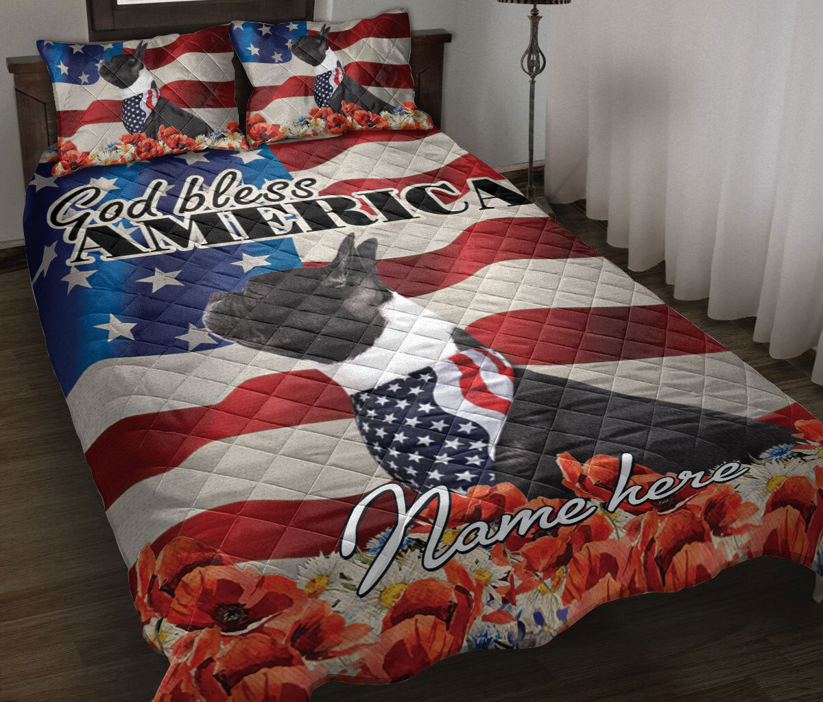 Personalized Bulldog Quilt Bedding Set, French Bulldog Dog God Bless US Flag Quilt Blanket With Pillowcases, Custom Name Duvet Cover Set