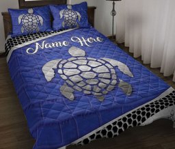 Personalized Turtle Quilt Bedding Set, Blue Sea Turtle Floral Turtle Quilt Blanket With Pillowcases, Custom Name Duvet Cover Set