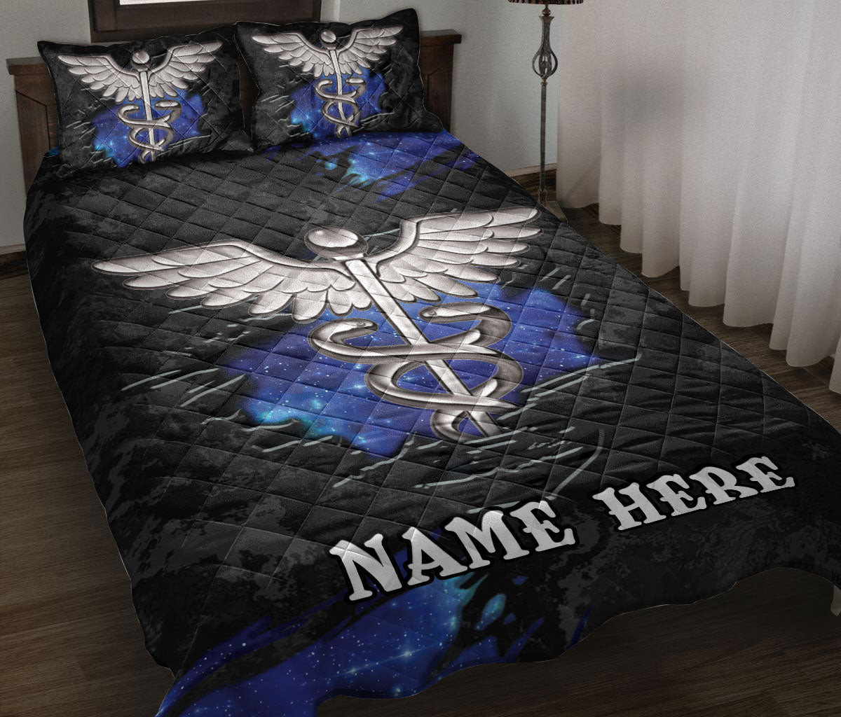 Personalized Nurse Quilt Bedding Set, Nurse Caduce USScrub Torn Quilt Blanket With Pillowcases, Custom Name Duvet Cover Set