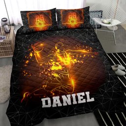 Personalized Basketball Quilt Bedding Set, Basketball Fire Boy Slam Dunk Quilt Blanket With Pillowcases, Custom Name Duvet Cover Set