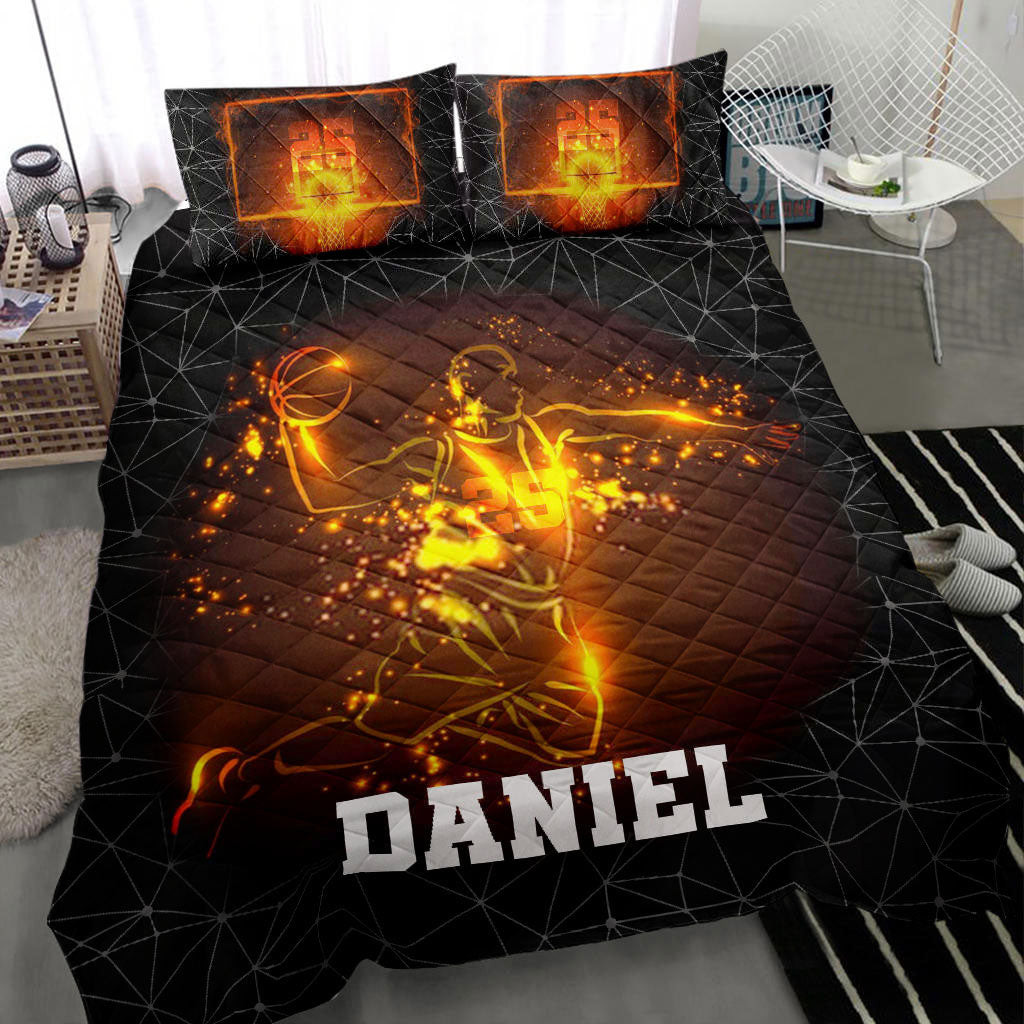 Personalized Basketball Quilt Bedding Set, Basketball Fire Boy Slam Dunk Quilt Blanket With Pillowcases, Custom Name Duvet Cover Set