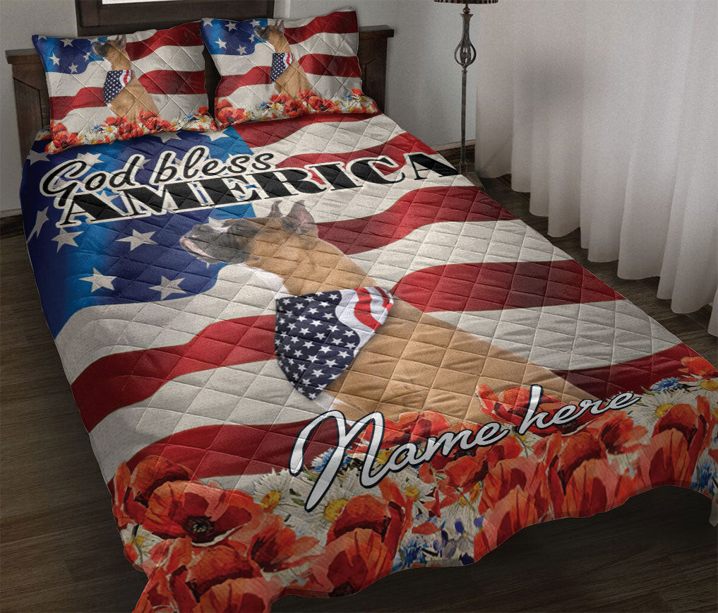 Personalized Boxer Quilt Bedding Set, Boxer Patriotic Dog God Bless US Flag Quilt Blanket With Pillowcases, Custom Name Duvet Cover Set