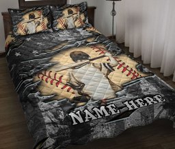 Personalized Baseball Quilt Bedding Set, Baseball Boy US Flag Ball Crack Quilt Blanket With Pillowcases, Custom Name Duvet Cover Set, Sports Gifts