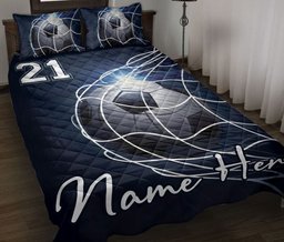 Personalized Soccer Quilt Bedding Set, Soccer Goal Navy Net Quilt Blanket With Pillowcases, Custom Name Duvet Cover Set