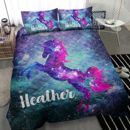 Personalized Unicorn Quilt Bedding Set, Unicorn Galaxy Universe All Season Quilt Blanket With Pillowcases, Custom Name Duvet Cover Set