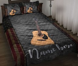 Personalized Guitar Quilt Bedding Set, Classic Guitar American US Flag Crack Quilt Blanket With Pillowcases, Custom Name Duvet Cover Set