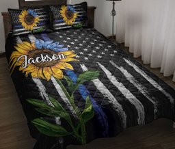 Personalized Police Quilt Bedding Set, Police Sunflower US Flag Quilt Blanket With Pillowcases, Custom Name Duvet Cover Set