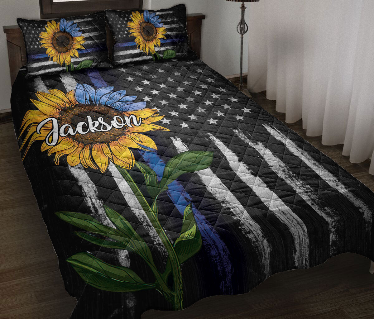 Personalized Police Quilt Bedding Set, Police Sunflower US Flag Quilt Blanket With Pillowcases, Custom Name Duvet Cover Set