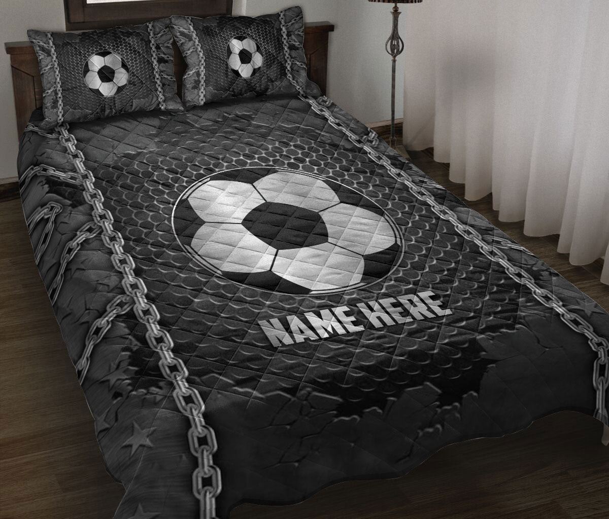 Personalized Soccer Quilt Bedding Set, Soccer Iron Chains Quilt Blanket With Pillowcases, Custom Name Duvet Cover Set