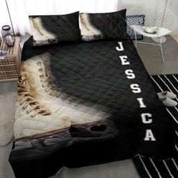 Personalized Ice skating Quilt Bedding Set, Ice Skating Shoe Skater Black Quilt Blanket With Pillowcases, Custom Name Duvet Cover Set