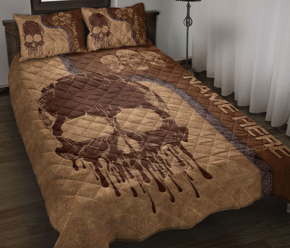 Personalized Skull Quilt Bedding Set, Skull Melting Quilt Blanket With Pillowcases, Custom Name Duvet Cover Set
